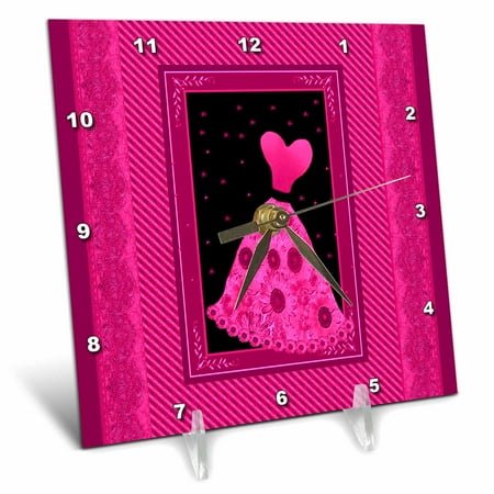 3dRose, Hot pink flowered dress with stars and striped and damask ribbon frames, 6x6 Desk Clock