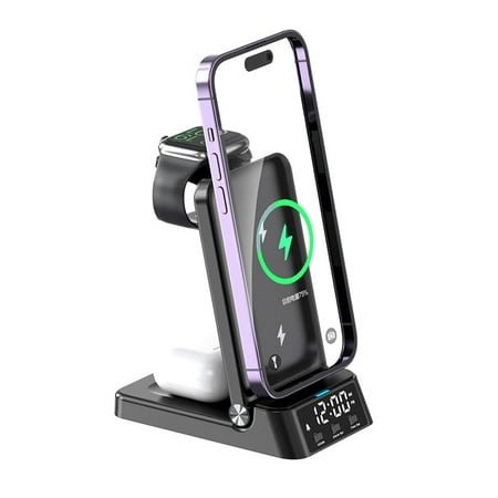 3 In 1 Wireless Charger,15W Fast Charging Station With Alarm Clock And Night, Mobile Phone