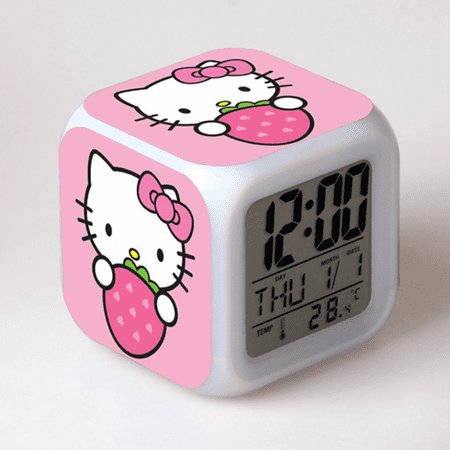 3＂LED Alarm Clock Hello Kitty Pattern Desk Table Glowing Electronic Colorful Digital Clock for Girl Boy Kids Children Bedroom Toy Birthday Present Gift