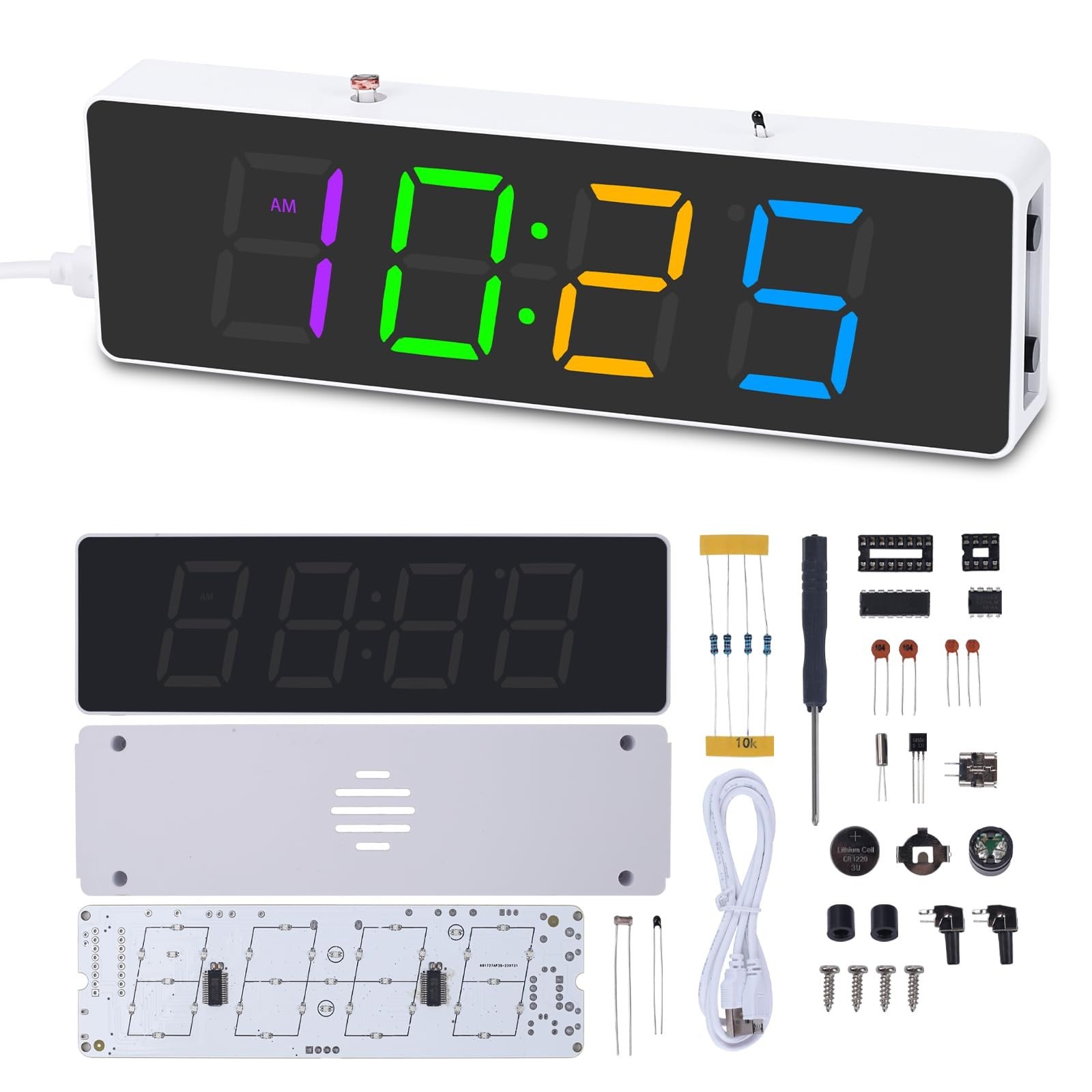 4-Digit RGB Digital Clock Kit with 12H/24H Format, Colorful LED Alarm Clock S...