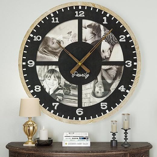 4 Photo Collage Wall Clock-24 Inch Large picture frame clock for Living Room Decor,Modern Big Wall Watch Battery Operated Decorative Clock with Personalized Frames for office ,living room,bedroom