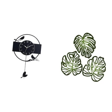 4 Pieces Bird Wall Clock Palm Leaves Wall Plaque Acrylic Wood Decoration for Study Restaurant Hotel Jungle