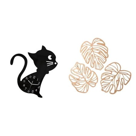 4 Sets Cat Cartoon Wall Clock Palm Leaves Wood Wall Plaque Quiet Function for Living Room Kids Room Bedroom