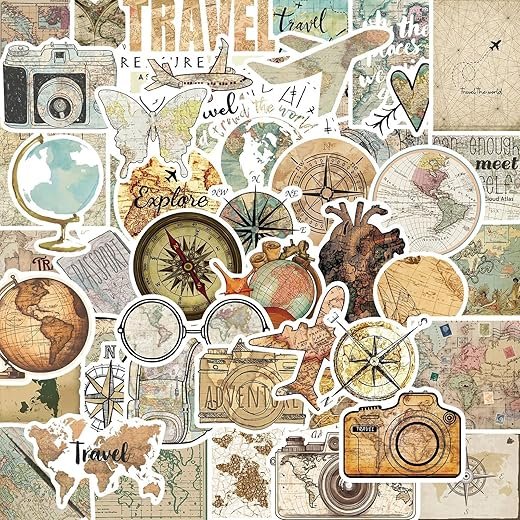 50Pcs Vintage Travel Clock Maps Stickers, Aesthetic Retro Clocks Watches Map Vinyl Decals for Kids Teens Adults, Travel World Sticker for DIY Laptops Computer Guitar Journal