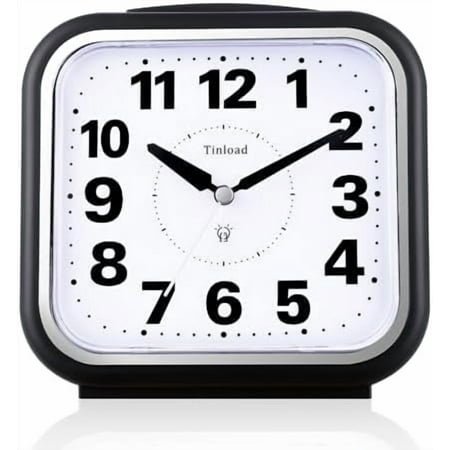 5.5 Large No Ticking Analog Alarm Clock,Silent Readable for Seniors,Easy to Set,Gradual Rise Alarm,Big Numbers,Gentle Wake,Snooze, Lighted on Demand,Battery Operated,Black