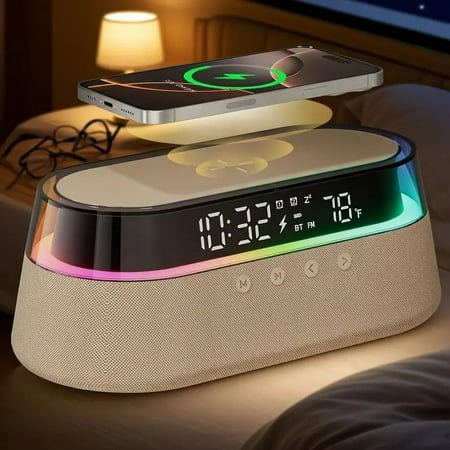 6-in-1 Multifunctional Alarm Clock with 15W Wireless Charging, Bluetooth Speaker, FM Radio, Dual Alarms, RGB Night Light, Temperature Display & USB Charger – Sleek Bedside Clock for Home or Office