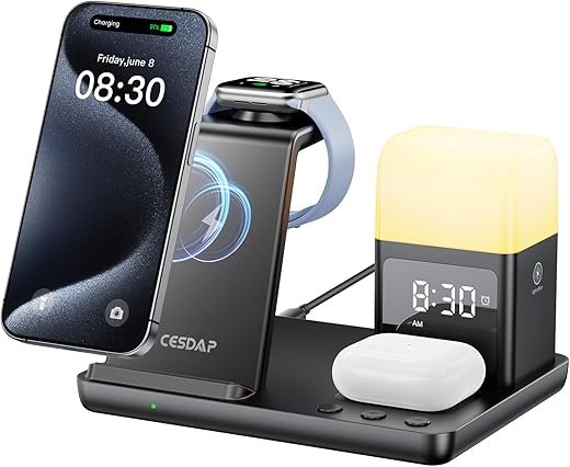 6 in 1 Wireless Charging Station for Apple Charging Station for Multiple Devices with Alarm Clock and Night Light nightstand for iPhone 16 15 14 13 for Apple Watch Best Gift for Your Loved Ones