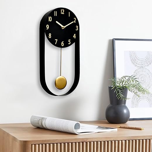 8 Inch Black Wall Clock with Gold Pendulum, Silent Modern Metal Wall Clock, Minimalist Decorative Pendulum Timepiece for Living Room, Office, Kitchen