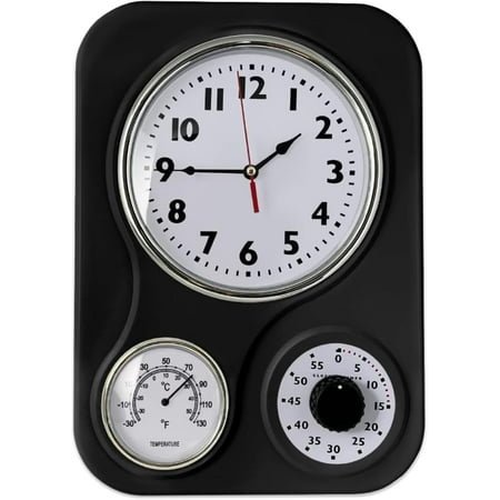 9.5 Inch x 12.5 Inch - Retro Kitchen Wall Clock, Vintage Wall Clock with a Thermometer and 60-Minute Timer, Ideal for Any Kitchen, Office, or Diner