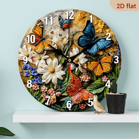 A 10-inch 2D flat Beautiful Butterfly and Flower theme wooden silent wall clock is an excellent choice for Halloween/Easter/Christmas gifts and is suitable for modern home decoration art.