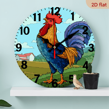 A 10-inch 2D flat Colorful Rooster Crowing theme wooden silent wall clock. It is an excellent choice for Halloween/Easter/Christmas gifts and is suitable for modern home decoration art.