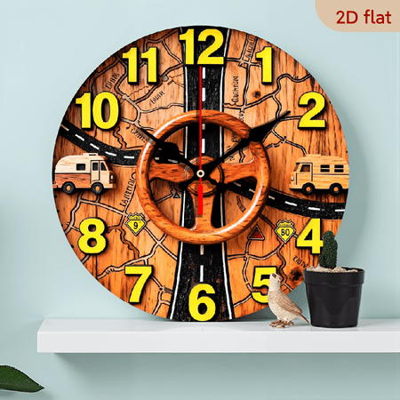 A 10-inch 2D flat Steering Wheel themed wooden circular wall clock, suitable for decoration in bedrooms, living rooms and offices. It is an ideal gift for Christmas and New Year.