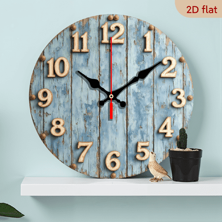 A 10-inch wall-mounted clock, featuring distressed blue wood panel as the main theme, with a light blue distressed wood board as the base, decorated with rivets, in a retro industrial style.