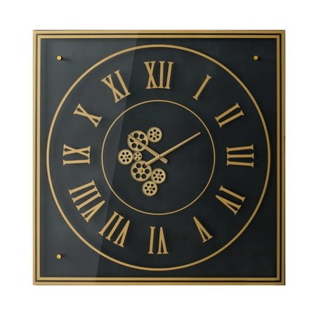 A&B Home Square Framed Gear Wall Clock with Roman Numerals - 35 - Black, Gold Finish