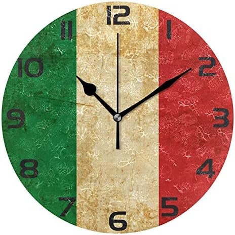 ABLINK Vintage Italian Flag Round Wall Clock, Silent Non Ticking Oil Painting Home Office School Decorative Clock Art