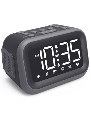Acedeck Super Loud Alarm Clock: 115dB Dual Alarms and 6 Alarm Sounds for Heavy Sleepers - Adult Shift Workers in Bedroom or Daily Wake-Up Use - Gray