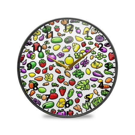 Acrylic Wall and Table Clock Fruits and Vegetables Pattern 11.9in Modern Decor with Golden Hands