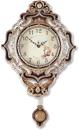 Aero Snail Retro Wall Clock with Pendulum, European Victoria Mid Century Style, Battery Operated Large Metal Silent Clock for Living Bedroom Wall Vintage Decor - Brown