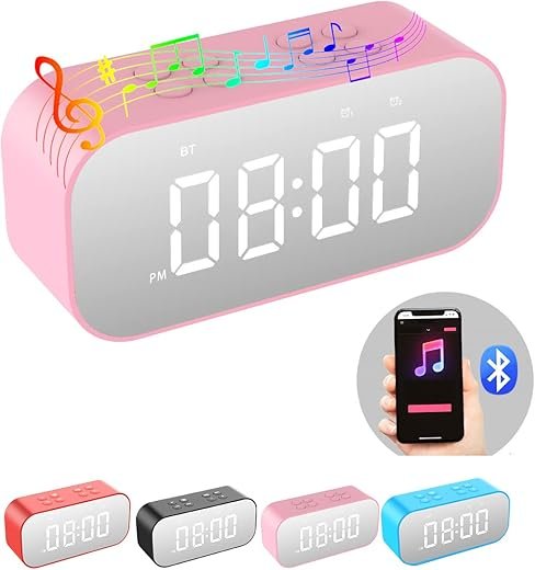 AFK Alarm Clock with Bluetooth Speaker for Bedroom,Small Digital Clock with Dual Alarms,Snooze,Mirror LED Display for Girls,Adults.