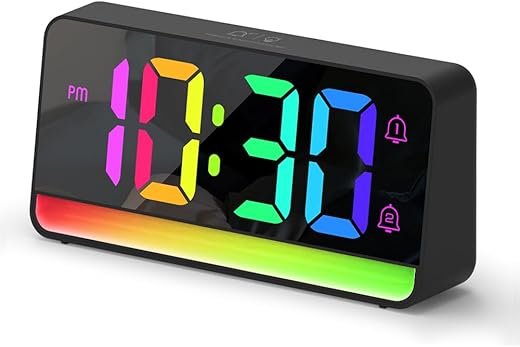 ALANAS Large RGB Digital Alarm Clock with Dynamic Color Changing Mood Lights, Dual Alarms, Snooze, Adjustable Volume & Brightness, USB Ports, DST, Plug in Clock for Bedrooms, Home Office Desk Decor