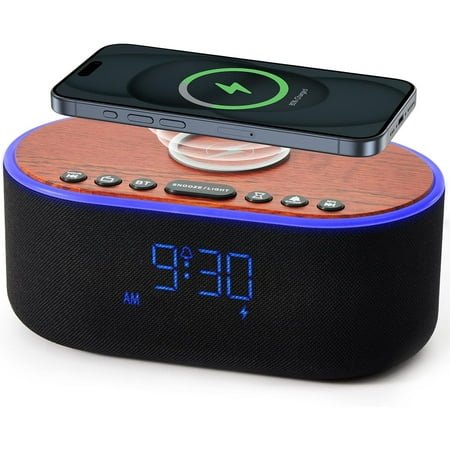 Alarm Clock Bluetooth FM Radio: 10W Stereo Sound Speaker - Fast Wireless Charging for iPhone Samsung - Dimmable Clock Radio for Bedroom