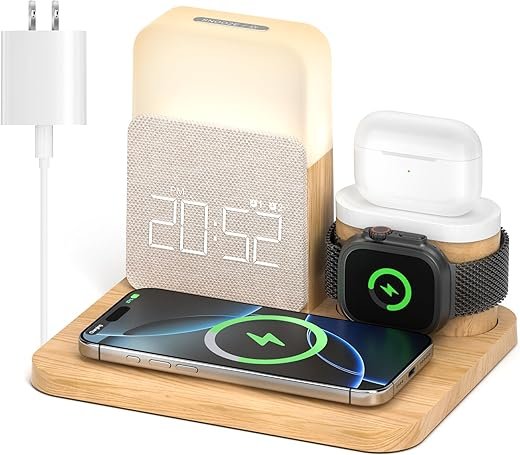 Alarm Clock Charging Station for Bedrooms, 7 in 1 Wireless Charging Station, Magnetic Charger with Night Light Bedside Clock for iPhone 17 16 15 14 13 12 Pro Max, Apple Watch, AirPods