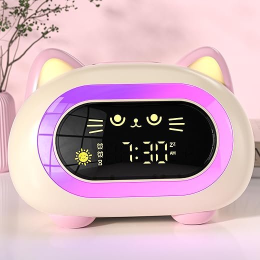 Alarm Clock for Kids, Kids Alarm Clocks for Girls with Sleep Training Dual Alarm Eye Protection Auto Off Timer 10 Color Night Light, Cat Ok to Wake Clock Gifts for Kids Girls