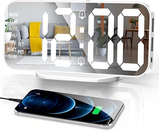 Alarm Clocks for Bedrooms, Slim LED Mirror Digital Alarm Clock, Large Display with Diming Mode, Dual Alarms & USB Ports, 4 Levels Brightness, Desk Clock for Office Home Bedroom Living Room Decor