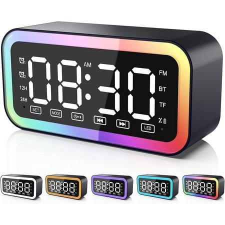 Alarm Clock with Bluetooth Speaker for Heavy Sleepers, Radio Digital Clock for Bedroom, Colorful LED Lights, USB Charger, LED Display Digital Alarm Clock for Christmas Teens Girls Boys (Black)