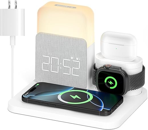 Alarm Clock with Wireless Charger for Bedrooms, 6 in 1 Wireless Charging Station, Magnetic Charger with Night Light Bedside Clock for iPhone 17 16 15 14 13 12 Pro Max, Apple Watch, AirPods