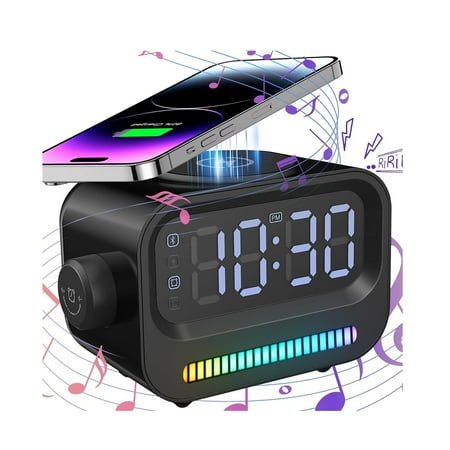 Alarm Clock with Wireless Charging, 3 in 1 Bluetooth Speaker, Digital Alarm Clock with RGB Light Clock and Speaker, LED Large Display Digital Alarm Clock for Teens Girls Boys (Black)