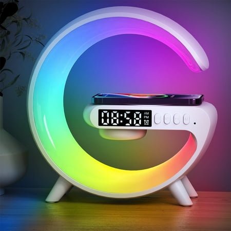 All-in-One Smart Bedside Lamp: 15W Fast Wireless Charger, Alarm Clock & Mood Light for Bedroom