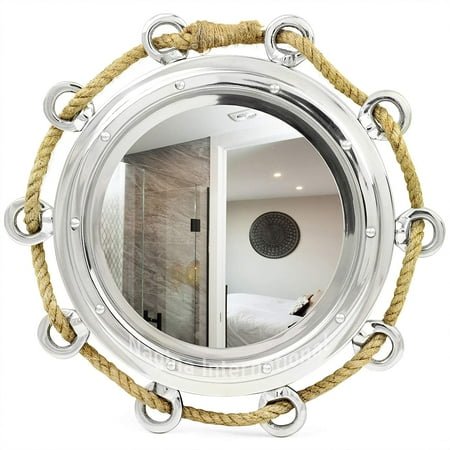 Aluminum Nickel Plated Nautical Pirate's Maritime Wall Decor Time's Clock with Accentual Rope | Porthole Clock & Home Decor | Nagina International (12 Inches Mirror)
