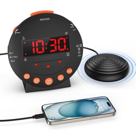 AMIR Alarm Clock with Bed Shaker Vibrating Adjustable Volume Snooze Alarm Clock for Hearing Impaired Elderly Heavy Sleepers