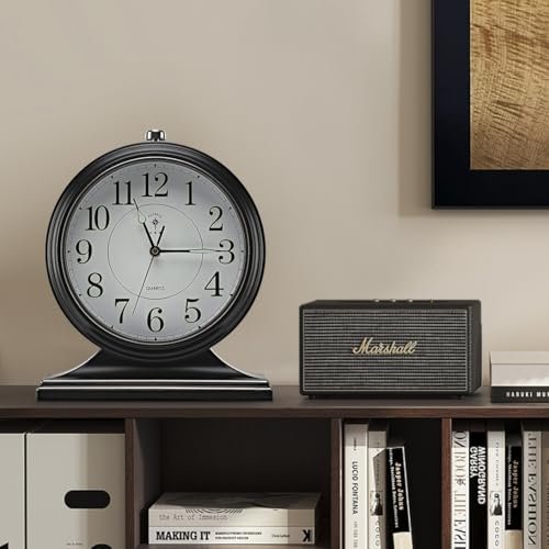 amusediy 10-inch Retro Mantel Desk Clocks,Vintage Table Clock for Fireplace,Easy to Read Décor Clocks for Living Room, Bedroom, Office, Desktop Decoration (Black)