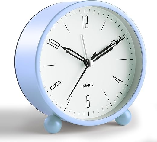 Analog Alarm Clock, 4 inch Super Silent Non Ticking Small Clock with Night Light, Battery Operated, Simple Design, Old fashioned Style SkyBlue decor, for Bedroom, Bedside, Desk, Adult, Kid, Gift, Blue