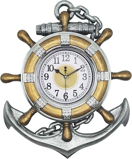 Anchor Outdoor Clock, Nautical Ship Wheel Rudder Wall Clock, Beach Sea Style Decorative Clock for Patio, Pool, Porch (Vintage Silver + Bronze)