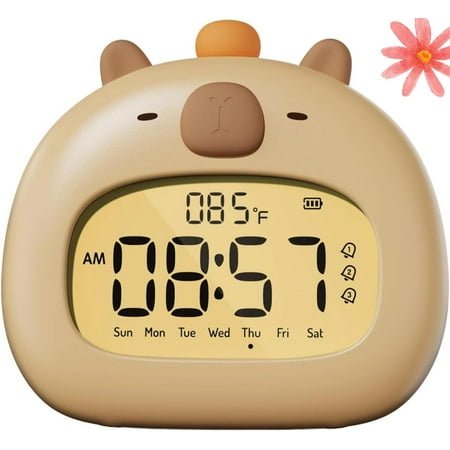 Animals Digital Alarm Clock for Kids with Night Light, Rechargeable Sleep Trainer with LED Display, Timer, Adjustable Brightness, Cute Bedside Clock for Boys and Girls (Brown)