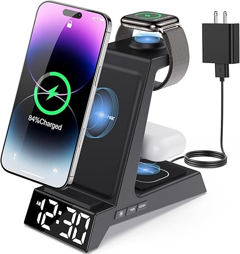 ANJANK 4 in 1 Wireless Charging Station Alarm Clock, Charging Dock for Apple Devices, Charger Stand for iPhone 17 Air 16 15 14 13 12 Series for Apple Watch 11 10 9 8 7 6 5 UItra/SE & AirPods, Dimmable