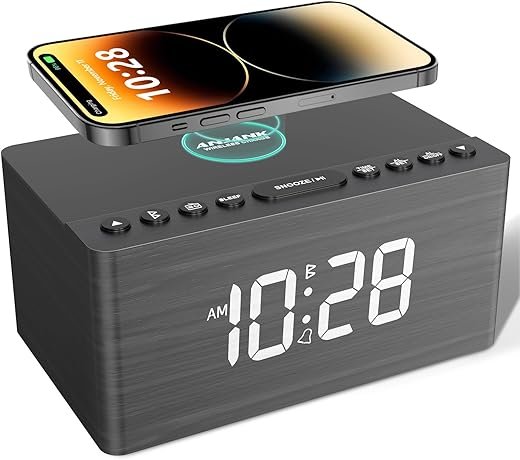 ANJANK Wooden Bluetooth Speaker, Alarm Clock with FM Radio, Qi Certified Fast Wireless Charging Station for iPhone/Samsung, USB Charger Port, Dimmable Display, Digital Wood Clock for Bedroom, Bedside