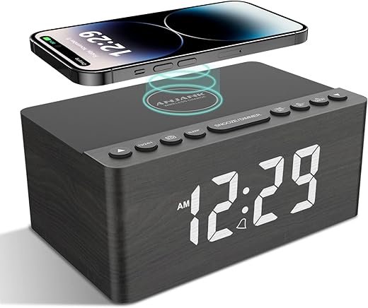 ANJANK Wooden Digital Alarm Clock FM Radio,10W Qi Certified Fast Wireless Charging Station for iPhone/Samsung Galaxy,5 Level Dimmer,USB Charger,9 Wake up Sounds, Bedroom, Bedside, Desk, Nightstand