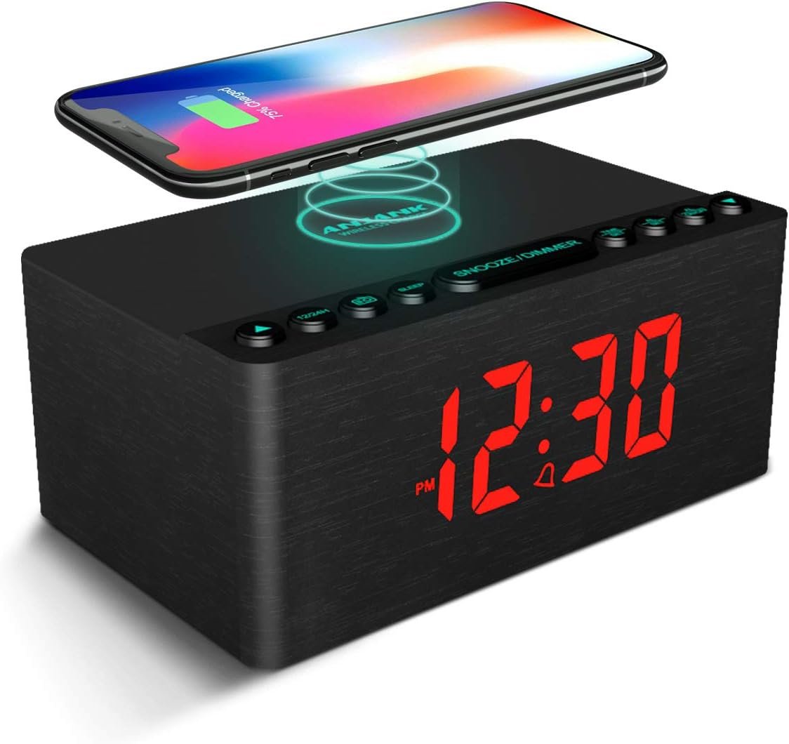 ANJANK Wooden Digital Alarm Clock FM Radio,Qi Certified Fast Wireless Charger Station for iPhone/Samsung,Dimmable LED Display,USB Charging Port,Sleep Timer,Wood Modern Clock for Bedroom Bedside(Black)