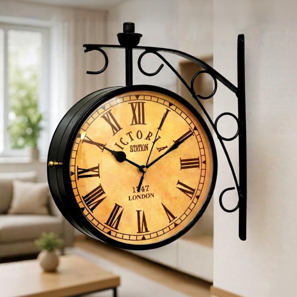 Antique Double Sided Railway Wall Clock – Vintage Style Black Metal, Roman Numerals, Indoor/Outdoor Decorative Clock for Home, Office & Garden – 8 Inch with Wall Mount