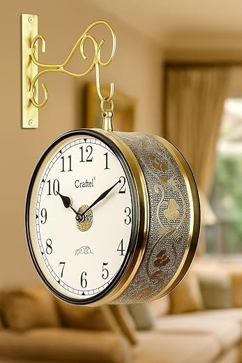 Antique Victoria Station Double Sided Railway Station Functional Wall Clock for Home and Office Decor Coated for Clasy and Vintage Look 8 Inch with Wall Mount Antique Shinny Gold
