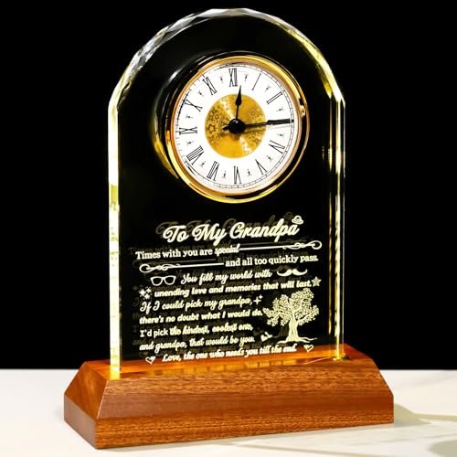 Arikyrist Gifts for Grandpa from Granddaughter Grandson Best Glass Grandfather Clock with Wooden LED Light Base to My Grandpa Presents on Birthday Father's Day Christmas Thanksgiving Decor for Home