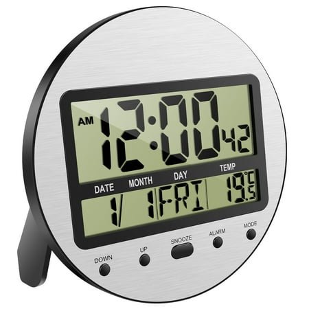 Atomic Digital Wall Clock with Temperature,Seconds,Date and Day of Week - Easy to Read/Set,Auto DST,Aluminum Silver,Round,Wall Mount/Desk Battery Operated