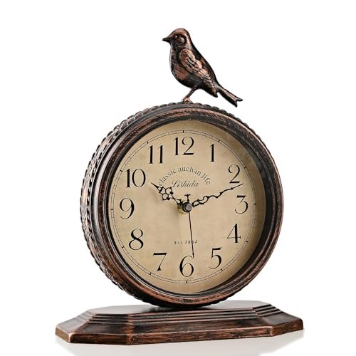 Auafanzy 8-Inch Antique Mantel Clocks For Living Room, Retro Table Metal Silent Clocks For Fireplace, Easy To Read Decorative Mantel Clocks With Top Bird For Bedroom, Office, Desktop (Arabic Numerals)