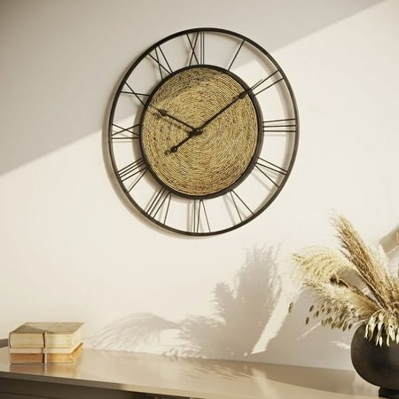 Aveline Black Rattan Center Round Wall Clock