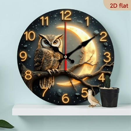 A wall-mounted clock featuring a nocturnal owl as its theme, creating a serene and mysterious atmosphere of a forest night.