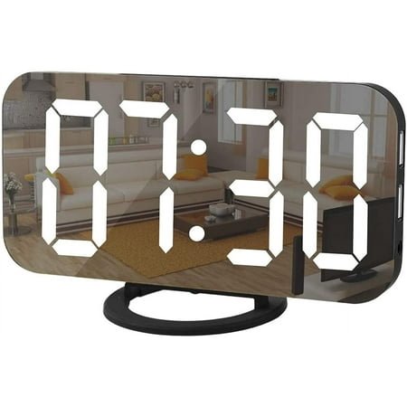 AWLYLNLL Digital Clock Large Display, LED Electric Alarm Clocks Mirror Surface for Makeup with Diming Mode, 3 Levels Brightness, Dual USB Ports Modern Decoration for Home Bedroom Decor-Black